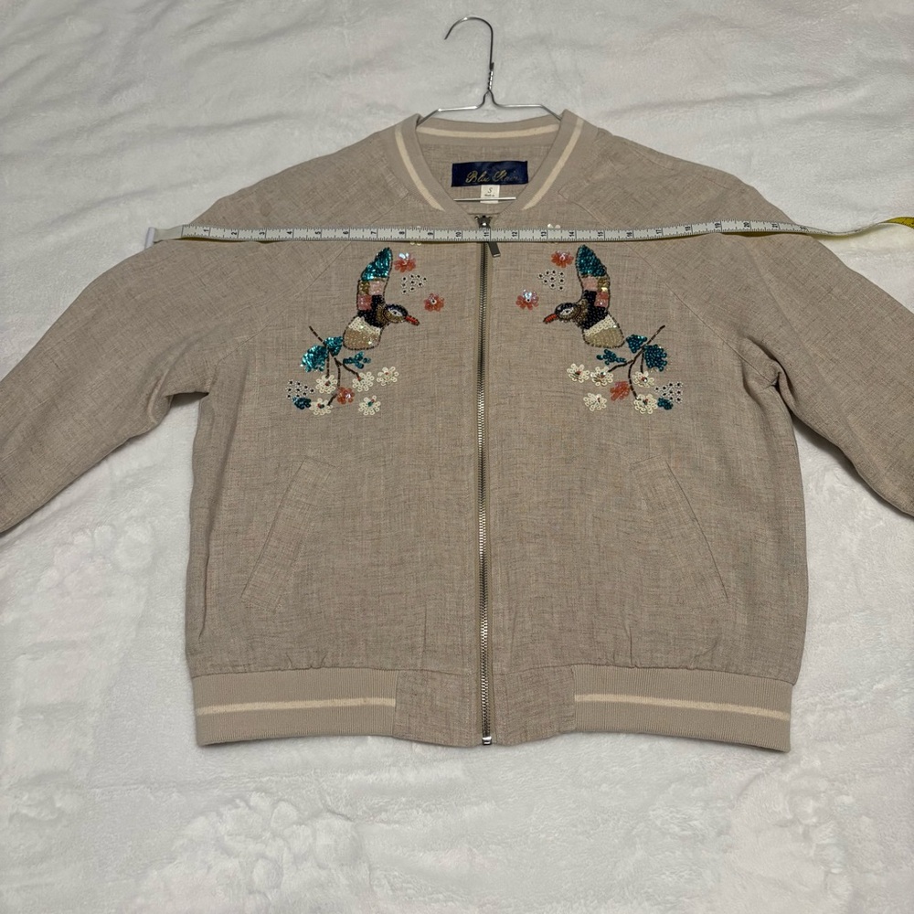 Anthropologie Blue Rain Sequin Hummingbird Bomber Jacket Size Small (S) - Picture 11 of 15